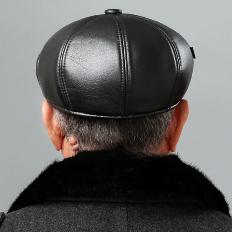 HT2059 High Quality Leather Beret Cap Men Autumn Winter Hats for Men Elder Man Warm Dad Hats with Earflap Flat  Cap Beret