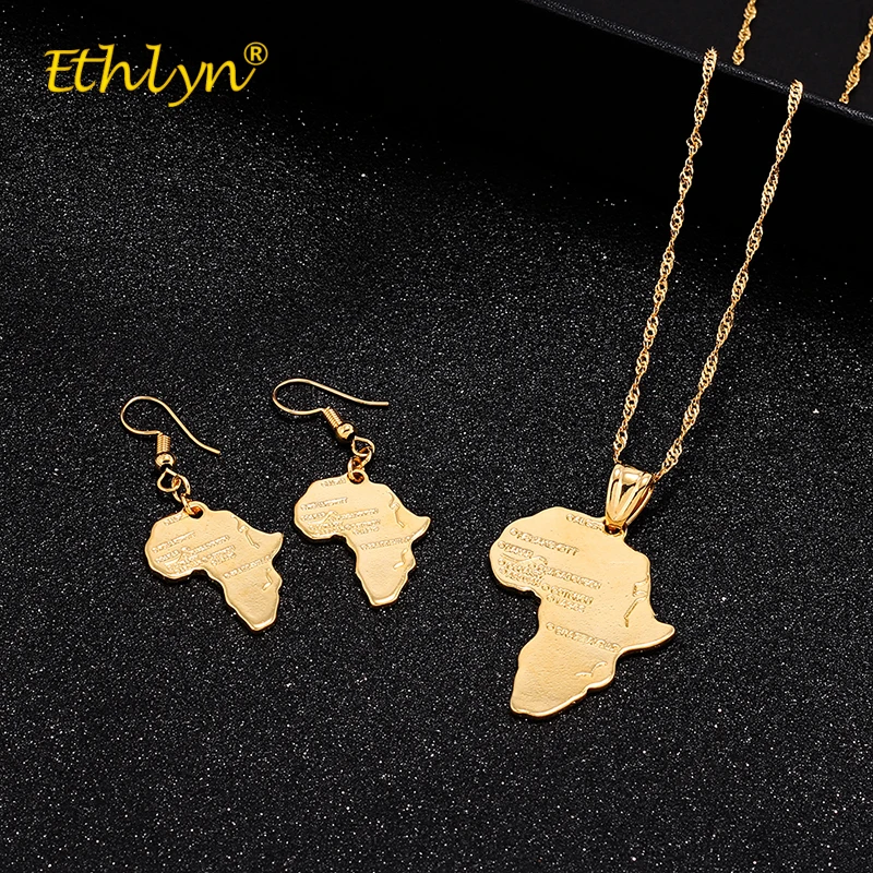 Ethlyn 2018 Drop Earrings Necklace Set map Pendant African Wedding Jewelry Sets for Women Luxury Gold Color Women Accessories