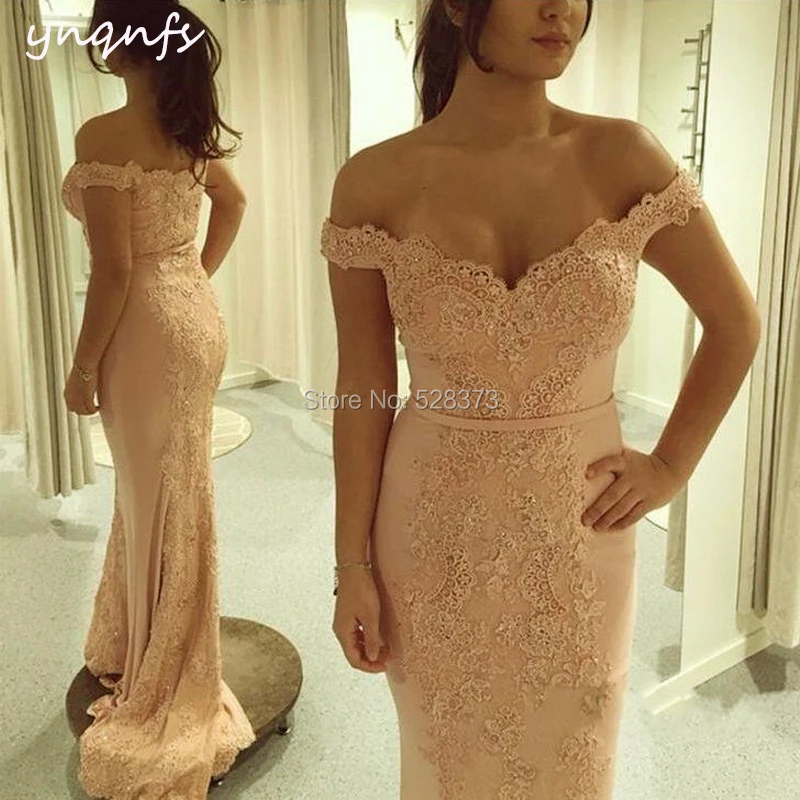 YNQNFS ED247 Off Shoulder Nude Mermaid Evening Dress Elegant Abendkleider Robe de Soiree Lace Beading Dresses Party Gown