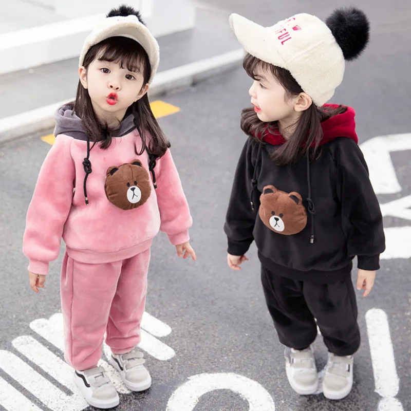 2022 winter thick Cashmere girl clothes sets Keep warm fashion cotton baby Plus thick velvet 3 pieces children clothing suits