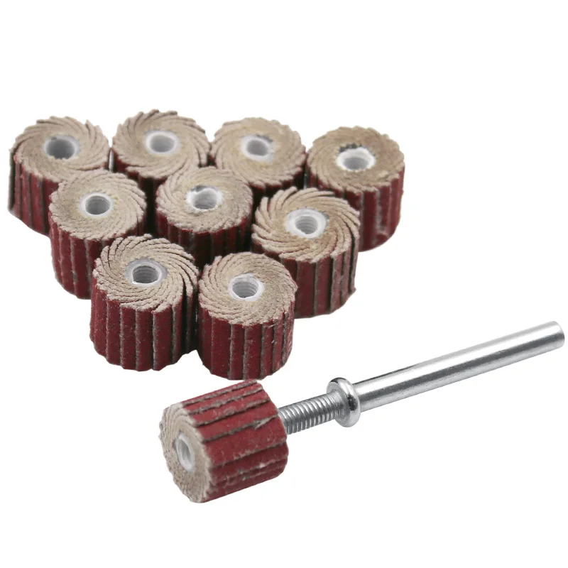 10pcs Accessori 240-Grit Levigatura Flap Mola A Disco Levigatrice Flap Ruote Pennello Sabbia Utensile Rotante 10x10x 3mm + 1pc Asta