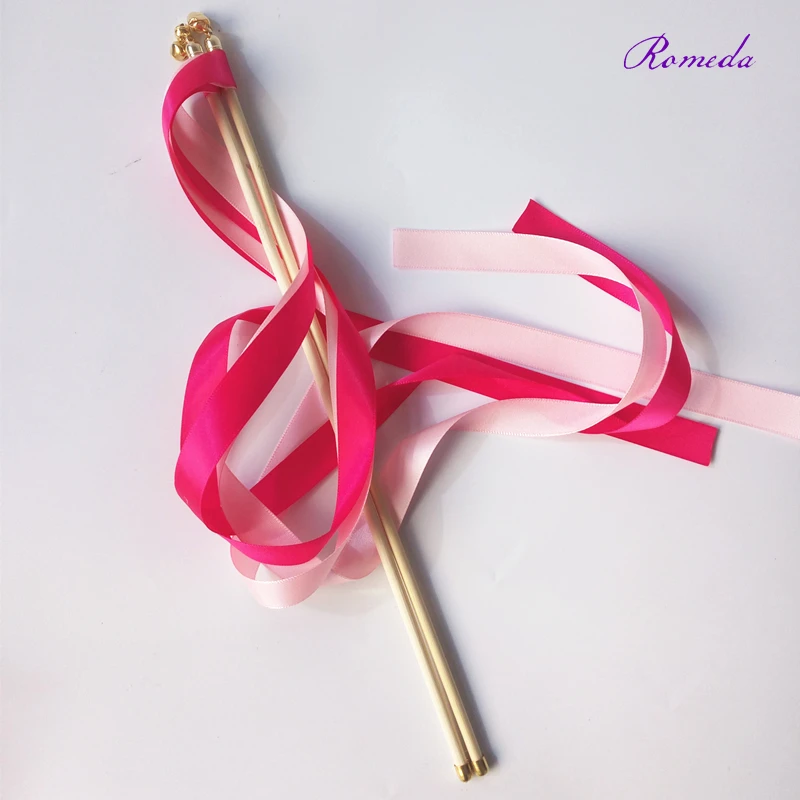 

Hot style 50pcs/lot fushia & pink stain ribbon wedding stick wands With gold Bells for wedding party