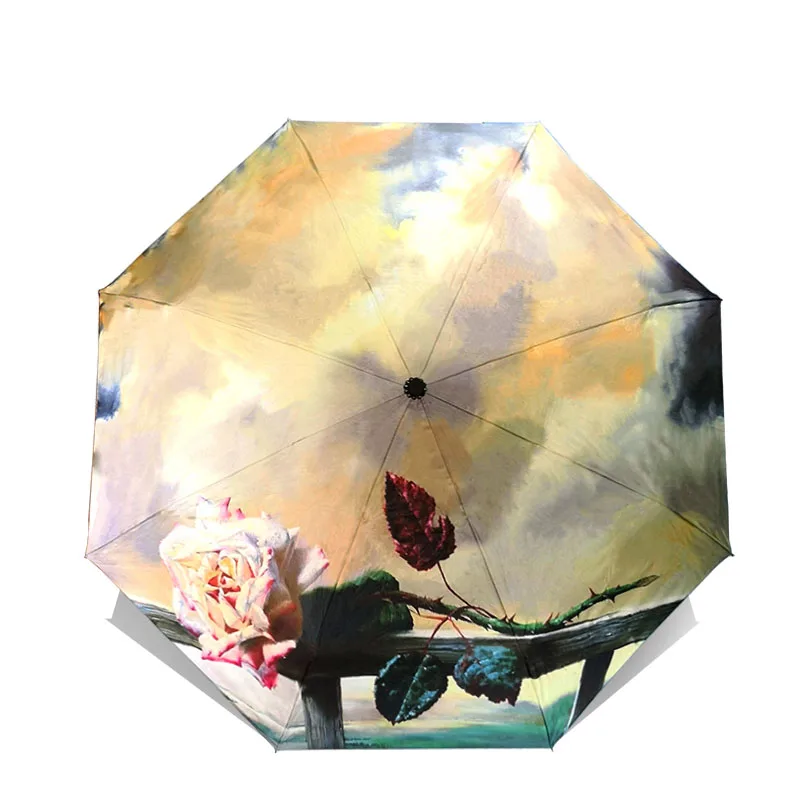 LIKE RAIN Folding Umbrella Female Van Gogh Painting Chinese Art Sakura Umbrellas Rain Women Windproof Anti-UV Sun Parasol YHS03