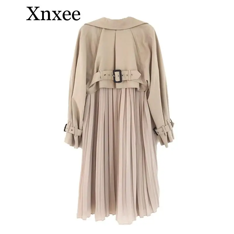 

Xnxee Women Chic Spring Autumn Windbreaker Causal Chiffon Splice Pleated Long Trench Coat Loose Office Lady Belted Thin Trench