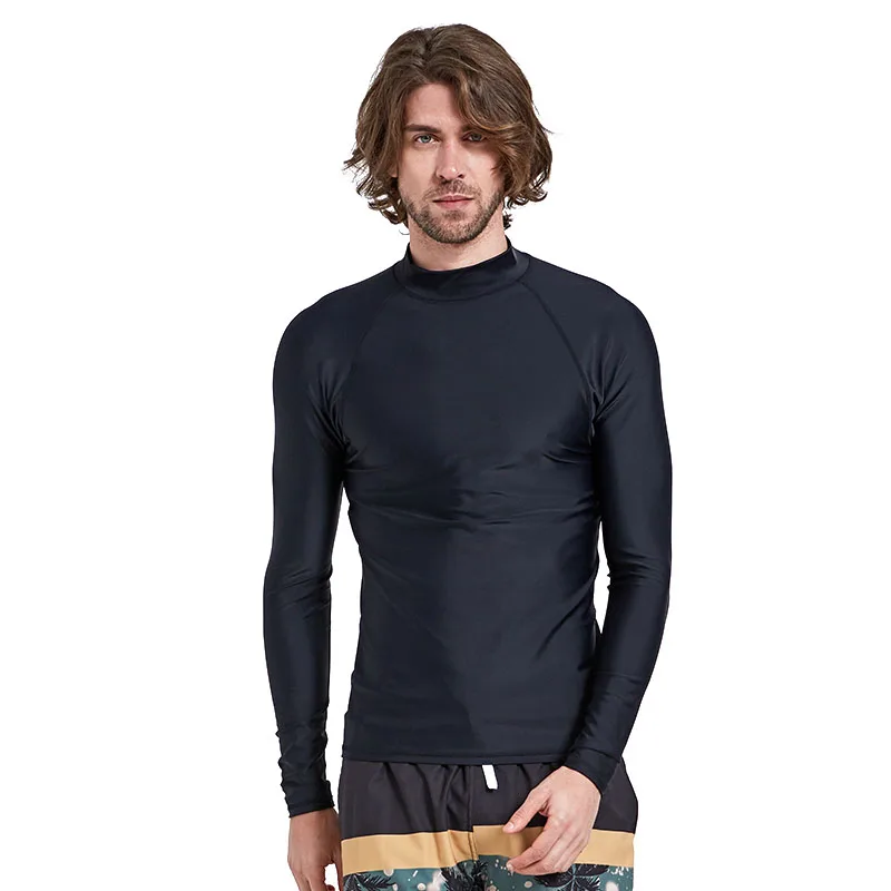 Men's Long Sleeve Rashguard Swim Shirt, UV Sun Protection Swim Tee, Solid Black Basic Skin Wetsuit, Adult Bathing Suits, SPF 50