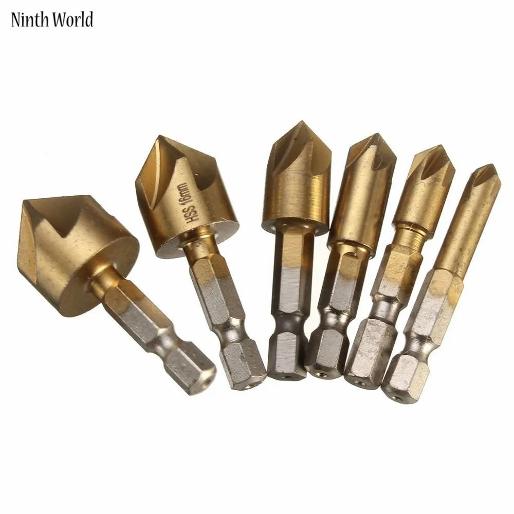 

6 Pcs 1/4'' Hex Shank HSS 5 Flute Countersink Drill Bit Set 90 Degree For Wood Quick Change Bit 6mm-19mm