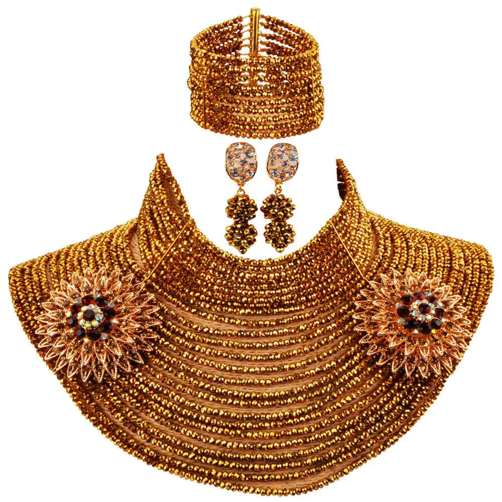 Fashion African Jewelry Set Golden Brown 25 Layers 4mm Crystal Bead Necklace 25LC07