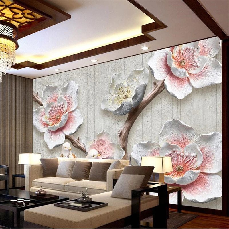 

beibehang Custom wallpaper new Chinese embossed plum blossom bird retro retro 3D backdrop wallpaper bedside decorative painting