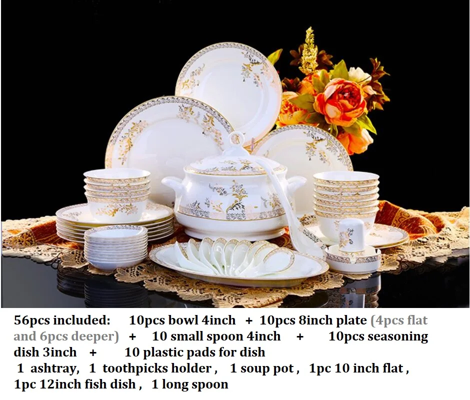 56PCS Dinnerware Set Dishes Bone China Combination Tableware Dishes Plates Ceramic Dinner Service Set