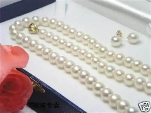 6-7MM White Akoya Cultured Pearl Necklace+ Earring Set AA ^^^@^Noble style Natural Fine jewe FREE SHIPPING