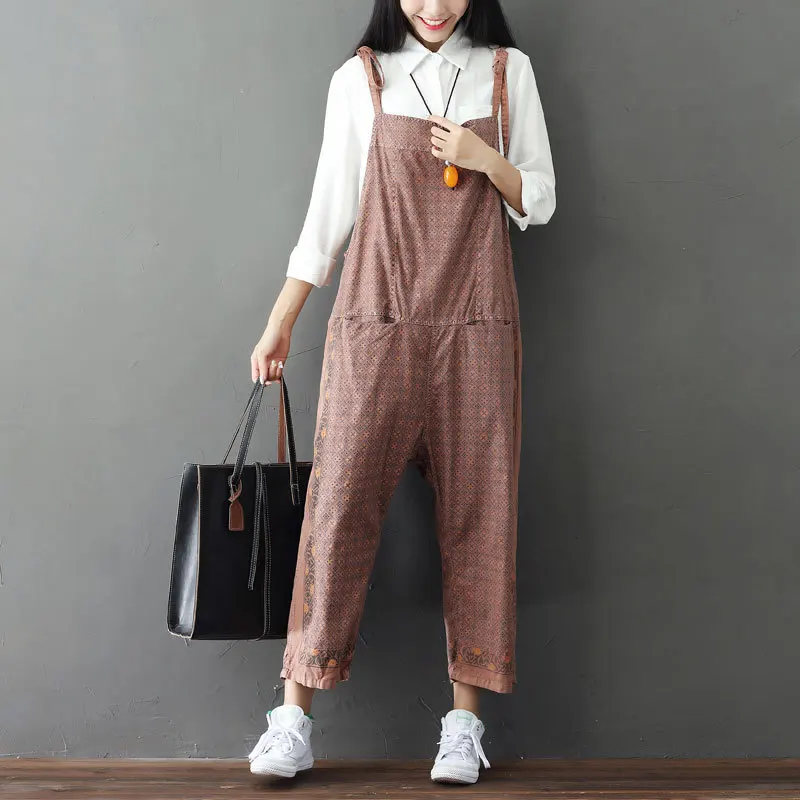 Vrouwen Gedrukt Loose Enkellange Jumpsuits dames Casual Retro Vintage gewassen Patroon Overalls Vrouw Rompertjes Broek broek