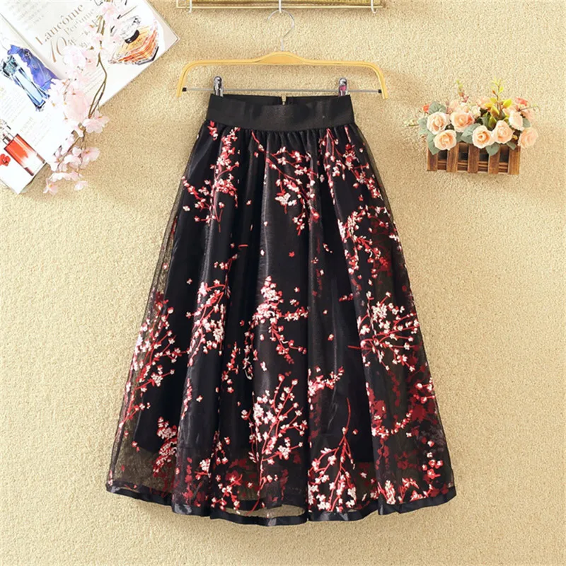 Sanishroly 2023 Sprint Summer Women Floral Print Mesh Skirt Female Elastic High Waist Pleated Skirts Eugenia A-Line Skirt SE096