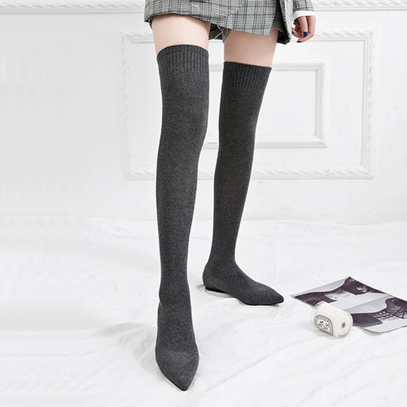 Slim Leg Thigh High Sock Boots Bling Glitter Bottes Women Brand Pointed Toe Silver Stretch Bota Flat Heels Botines Knitted Shoes