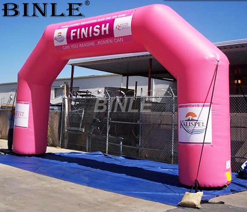 Customized sponsors logo printing pink giant inflatable running race start finish line entrance arch with attached banners