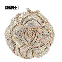 KHNMEET Gold rose flower shape Luxury evening bags crystal clutch bag women wedding pochette bride Handcraft soiree purse SC113