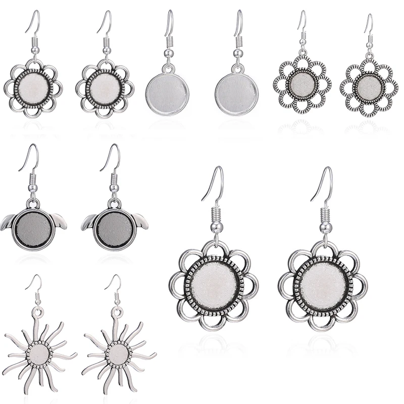 10 sztuk DIY stopu cynku Dangle kolczyki ustawienia haki 12mm Cabochon baza ustawienie dla kobiet tworzenia biżuterii rękodzieło dostaw