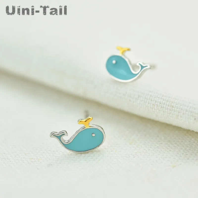 Uini-Tail hot 2024 new listing 925 Tibetan silver small whale earrings Korea fresh blue fish cute marine animal earrings ED178