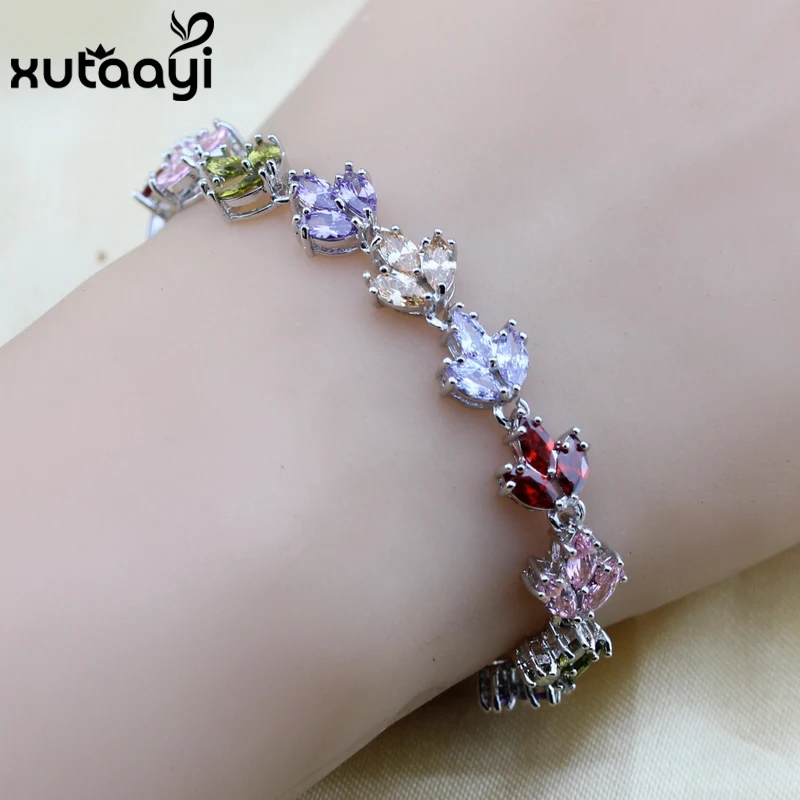 XUTAATI  Sterling Silver Jewelry Overlay Flower Multi Color Stones Cubic Zirconia Adjustable Link Chain Bracelet length 20 cm