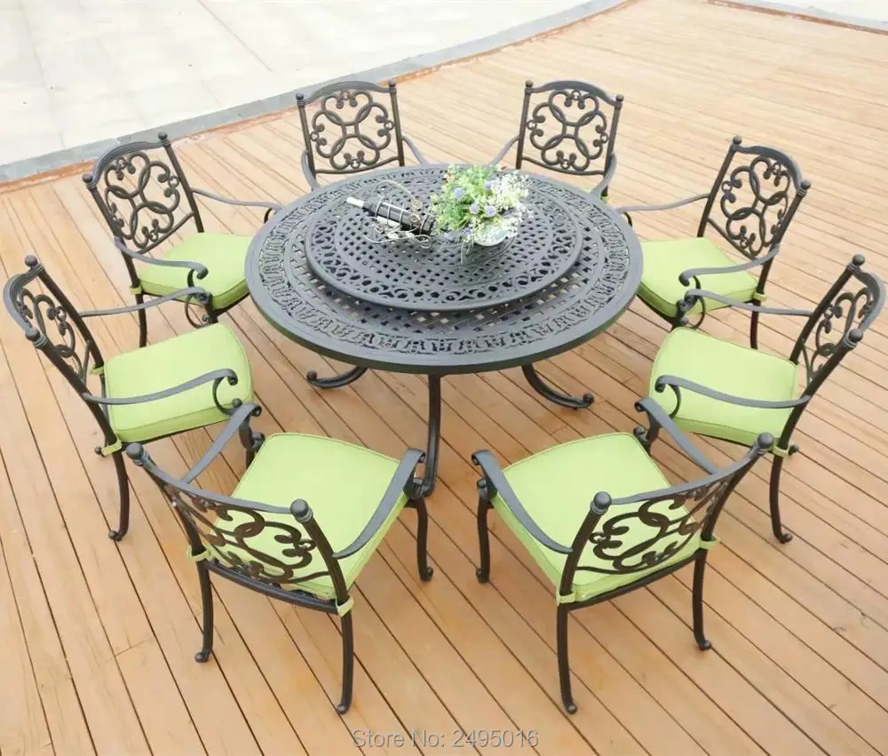 

Set of 9pcs Outdoor dining sets aluminum patio furniture big round table with turntable for 8 persons antirust all weather chair