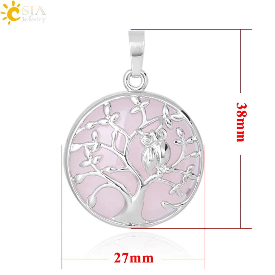 CSJA Tree of Life Pendant Necklace Natural Stone Flat Bead Owl on Trees Crystal Beads Pendants Handmade Reiki Charm Jewelry F337