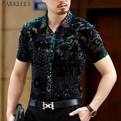 Luxury Floral Embroidery Lace Shirt Men 2023 New Sexy Transparent Mens Dress Shirts See Through Party Clubwear Male Social Shirt