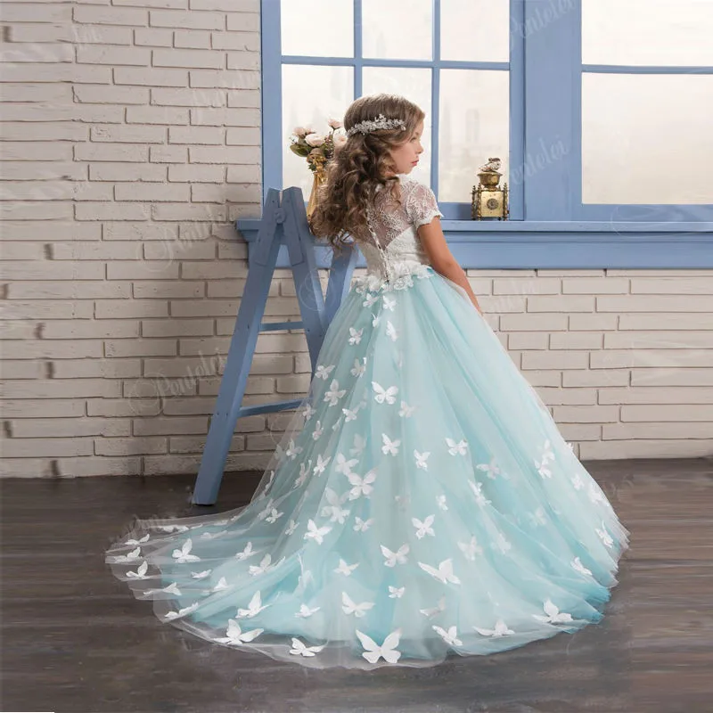 

Holy Communion Dresses Ball Gown Long Sleeves Lace Back Button Solid O-neck Flower Girl Dresses Vestido De Daminha New Arrival