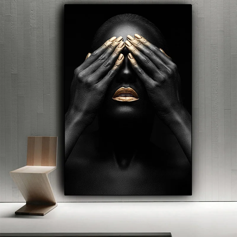 

Black Hand and Gold Lip Nude Woman Oil Painting on Canvas Cuadros Posters and Prints African Wall Art Picture for Living Room