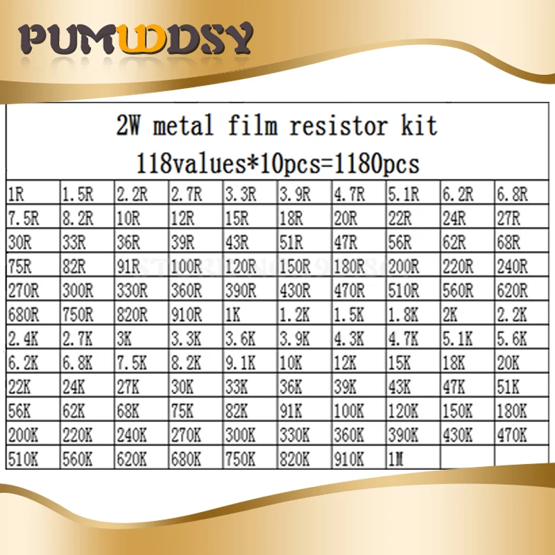 1180PCS 2W Full seriesMetal Film Resistor Kit 1% Resistor Assorted Kit Set 1 ohm-1M ohm Resistance Pack 118 Values Each 10pcs