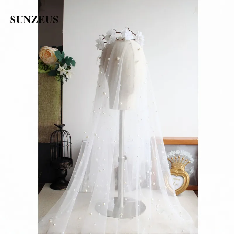 White Wedding Veils with Comb Pearls Cut Edge Two Layers Bridal Veil Middle Length gelin duvak SBV44