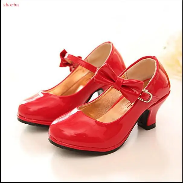 Chaussures de mariage brevetées pour enfants, sandales à talons hauts, chaussures de princesse, printemps, rose, rouge