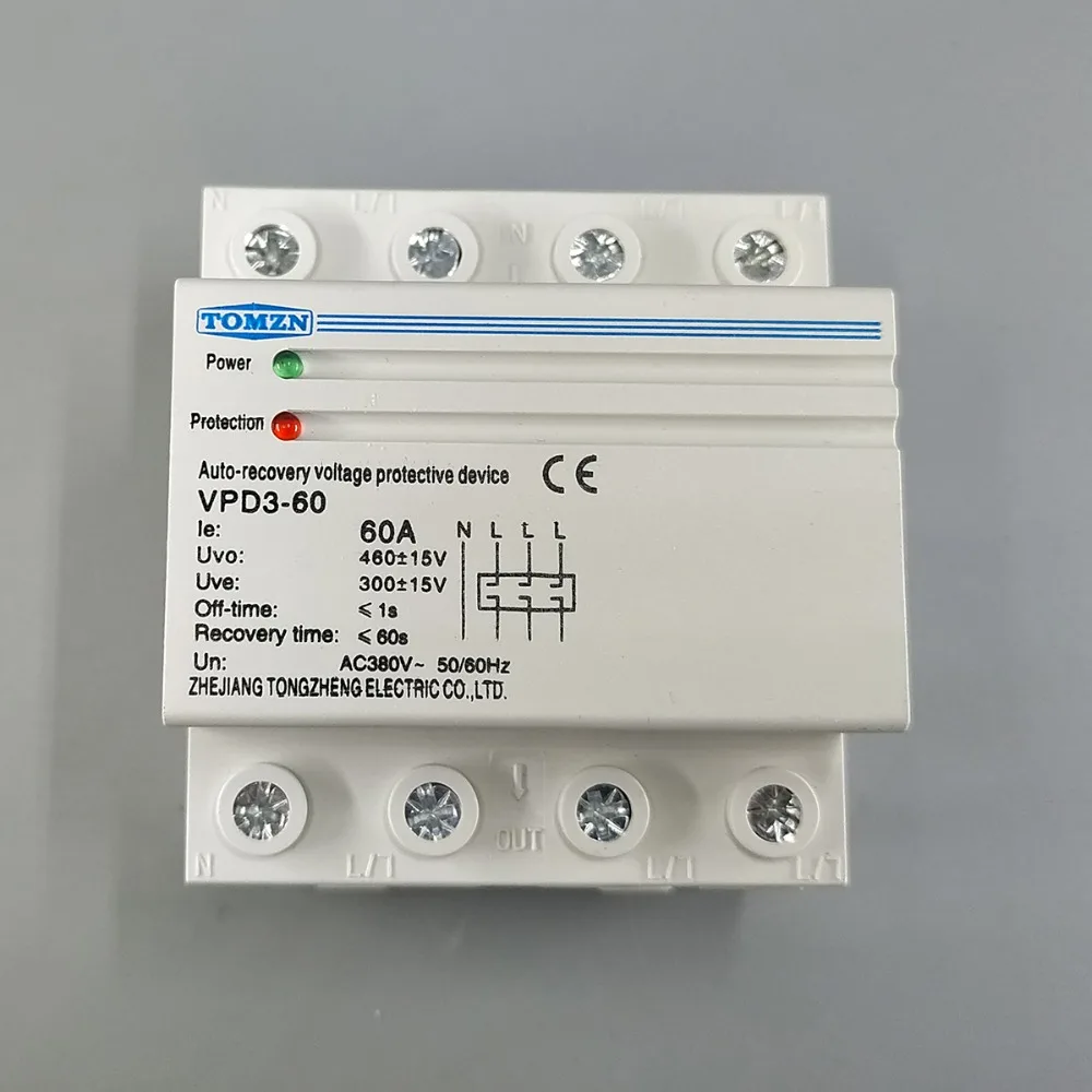 60A 380V~ Three Phase four wire Din rail automatic recovery reconnect over voltage and under voltage protective protection relay