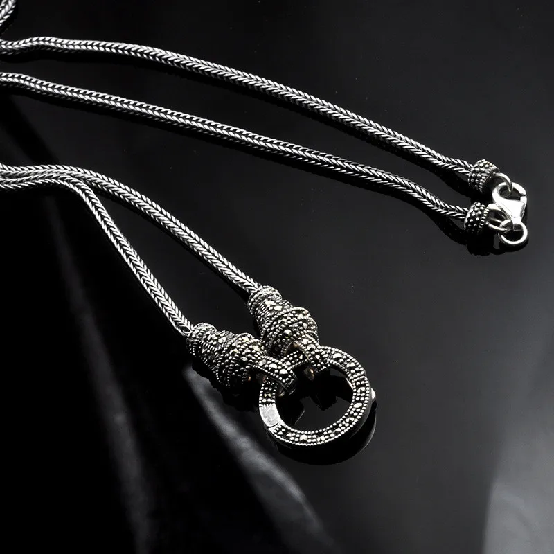 Thai Long Chain Necklace for Women silver colour Marcasite Stone Pendant Necklaces 1.5mm 60cm 70cm 75cm 80cm thomas