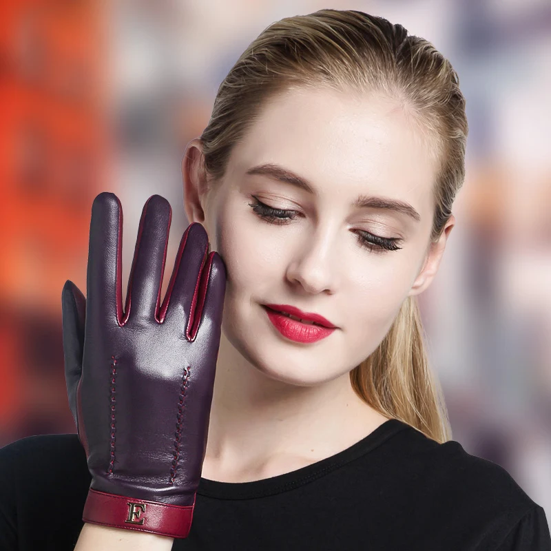 Genuine Leather Women Gloves Female Elegant Two Tones Sheepskin Gloves Autumn Winter Warm Plush Lined 3326