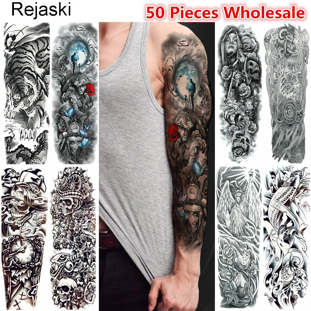 Rejaski 50 Pieces Wholesale Full Arm Temporary Tattoo Sketch Skull Warrior Tatoo Long Leg Body Art Men Women Fake Tattoo Sticker