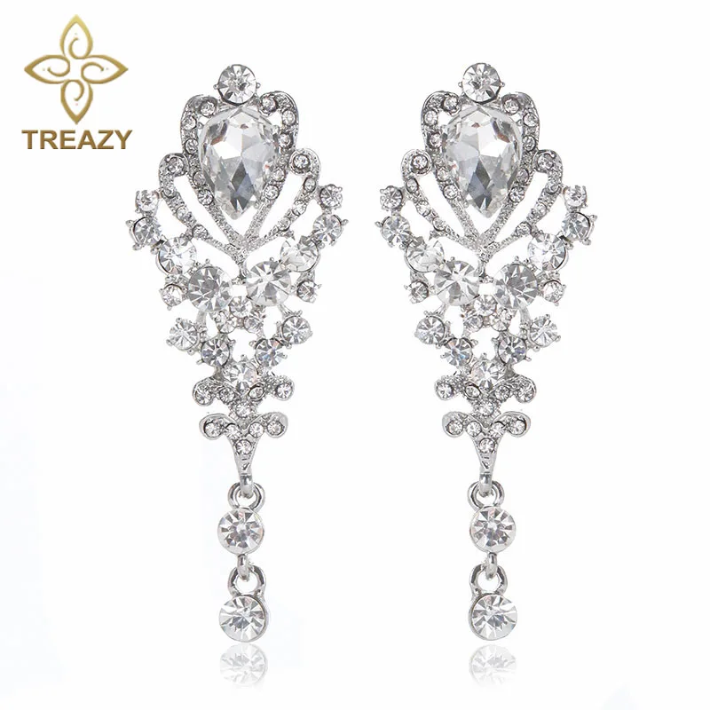 TREAZY Luxury Crystal Wedding Long Earrings for Women Silver Color Femme Dangle Drop Earrings Bridal Wedding Jewelry Accessories