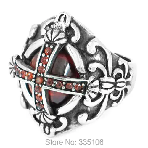 Free shipping! Red Cubic Zirconia Cross Ring With Red Rhinestone Stainless Steel Jewelry Motor Biker Ring For Men Women SWR0365