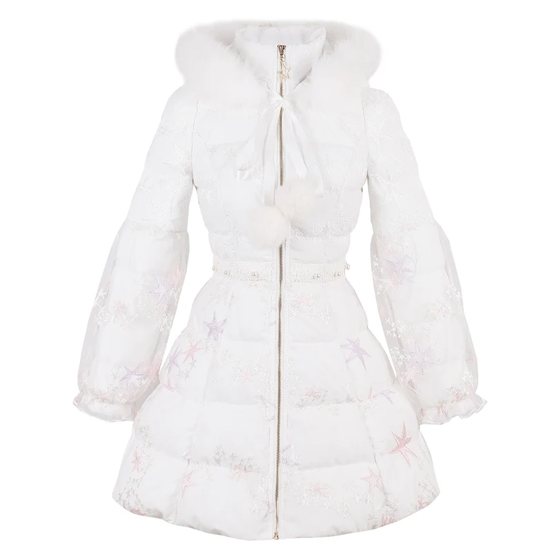 Princess sweet lolita parkas Candy rain winter Japanese Sweet Princess lace fox fur coat Middle and long slim down C22CD7218