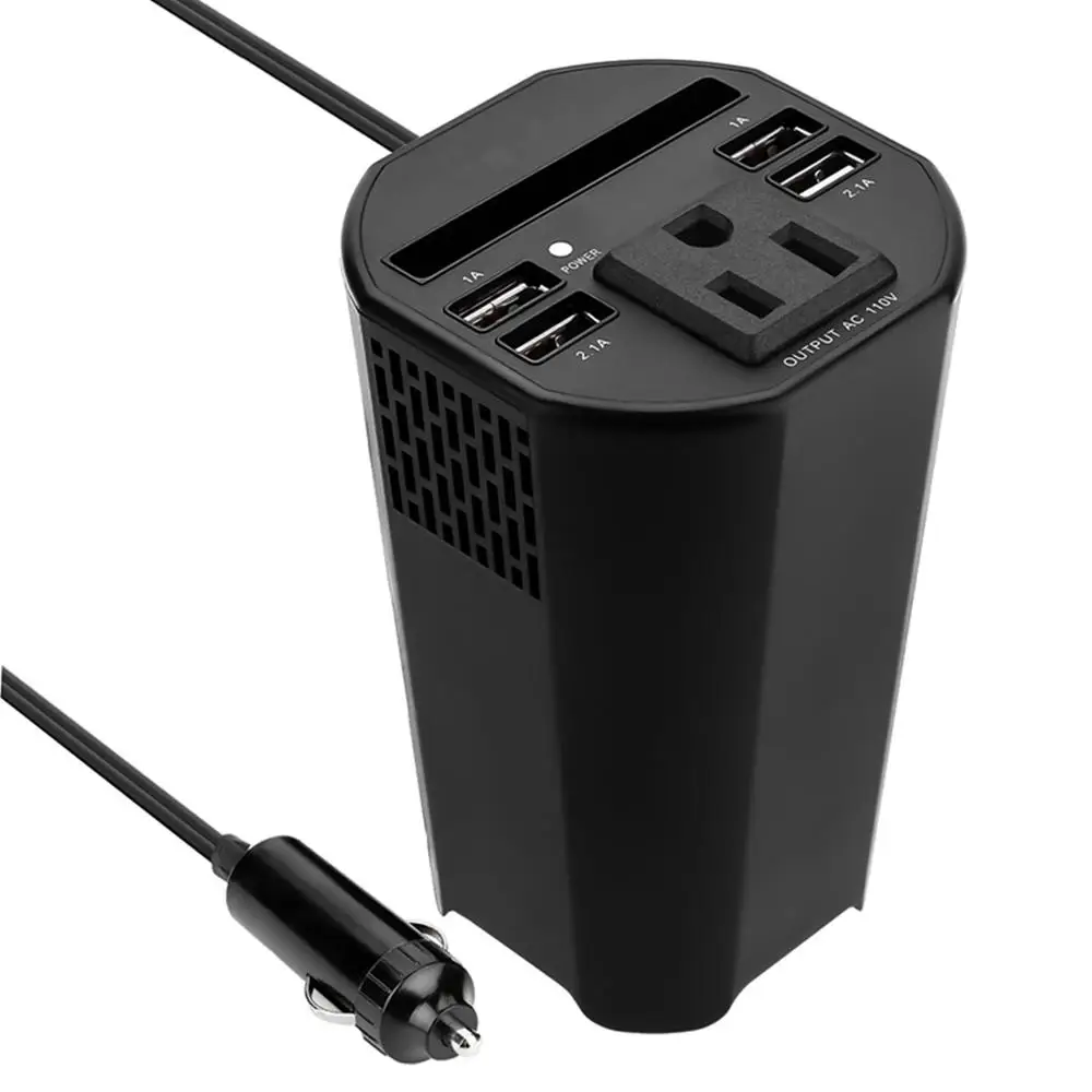 

150W Car Cup Holder Power Inverter DC 12V To AC 110V 4 USB Charging Port Adapter Multifunction Protection Modified Sline Wave