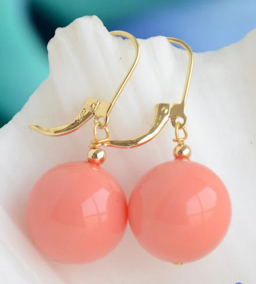 lovers women good Hot sale Shipping 14MM CORAL PINK ROUND SOUTH SEA SHELL PEARL DANGLE EARRING Fine Factory direct