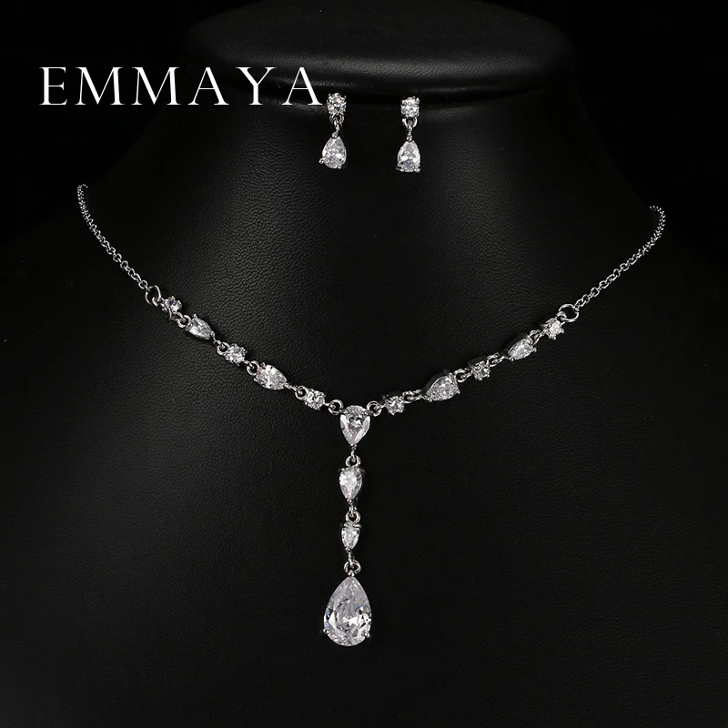 Emmaya Trendy White Water Drop Cubic Zirconia Wedding Jewelry Sets Luxury Statement Necklace Earrings Set Dress Accessories