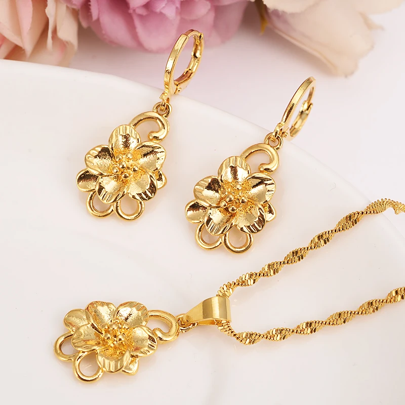 Bangrui Ethiopian Gold Color Big Flower Set Women Girls Jewelry Pendant Chain Earrings African Bride Wedding Flower Bijoux Gift