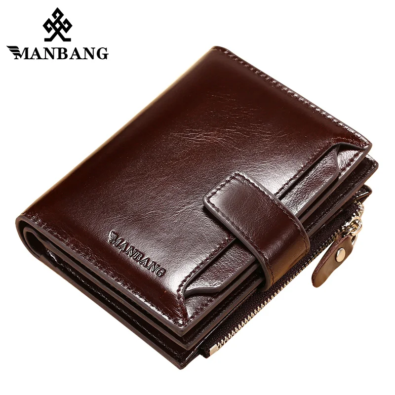 ManBang Genuine Leather Men Wallets Fashion Trifold Wallet Zip Coin Pocket Purse Cowhide Leather man wallet high quality