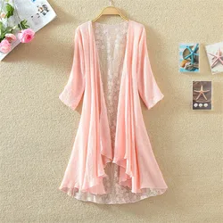 Gowyimmes Summer Women Thin Cotton Linen Blouse All-match Girl Midi Long Lace Shirt Sun Protection Clothings Beach Coat Cape 364