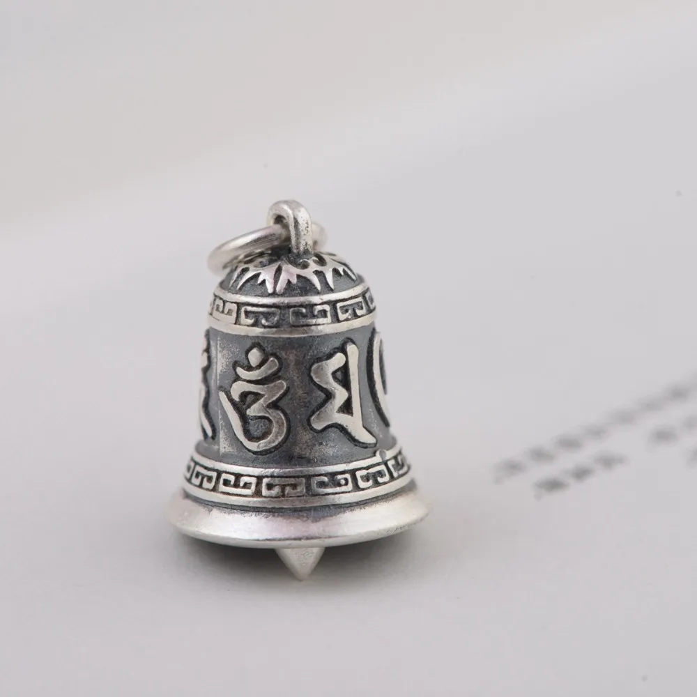 100% 990 Silver Tibetan Six Words Bell Pendant vintage pure silver Buddhist OM Mantra Bell Pendant Good Luck Amulet