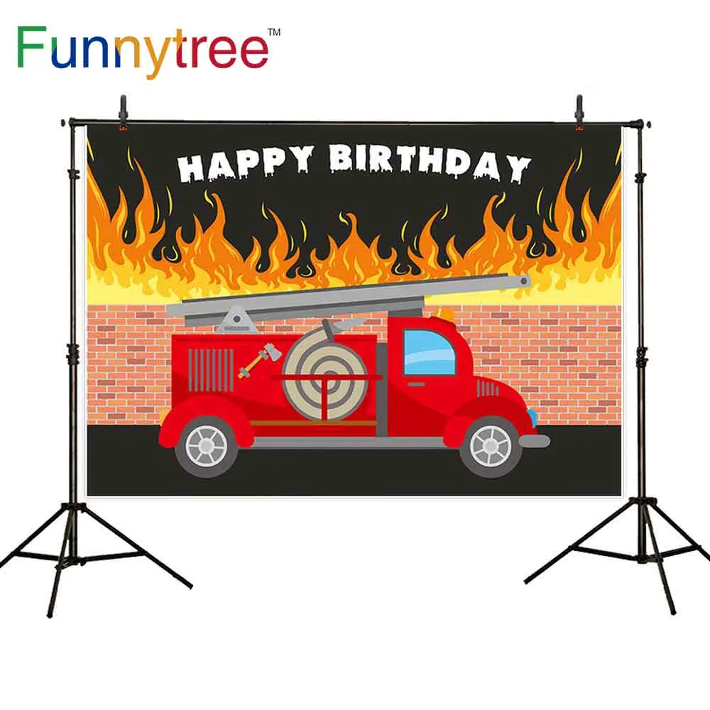 Funnytree-telón de fondo para estudio fotográfico, tema de bombero, fiesta de cumpleaños, camión de bomberos de dibujos animados, fotomatón para niños