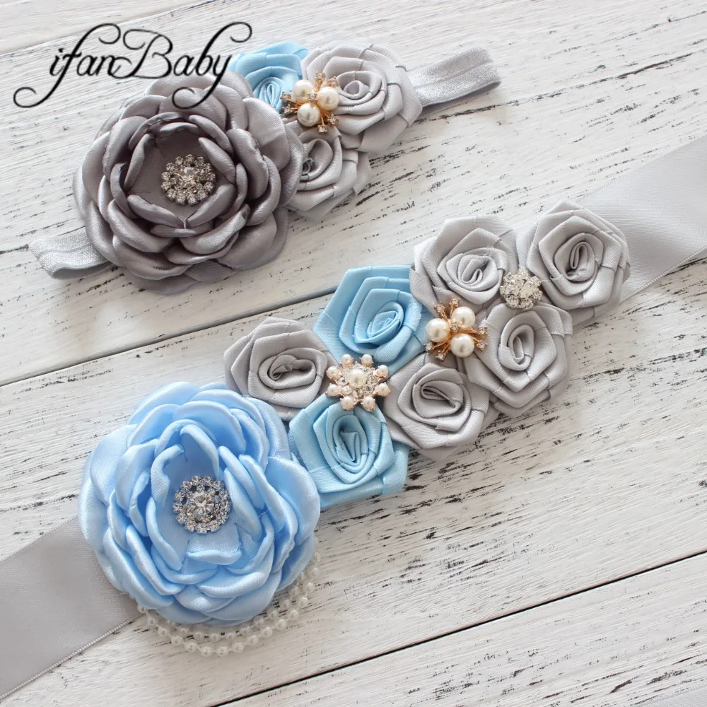 

Grey/Blue women belt ,girl flower sash belt,wedding sash ,Sash belt matching Rose burn fabric flower headband 1 SET