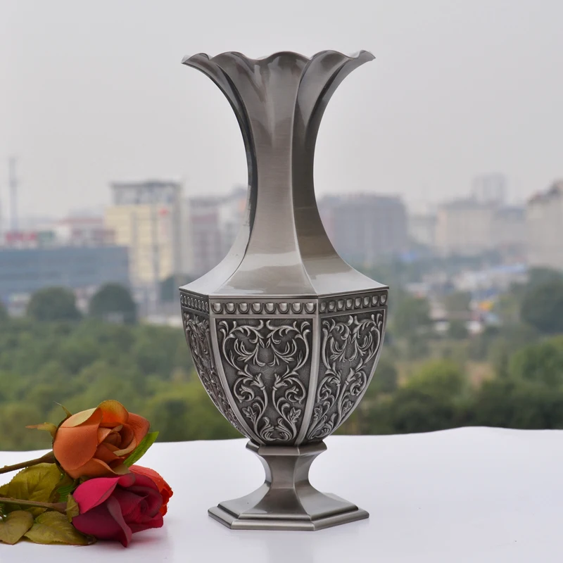 Vintage Desktop Vase for Home Decoration, Alloy Metal Table, Artificial Flowers, Ancient Big Vase, H34cm, HP014