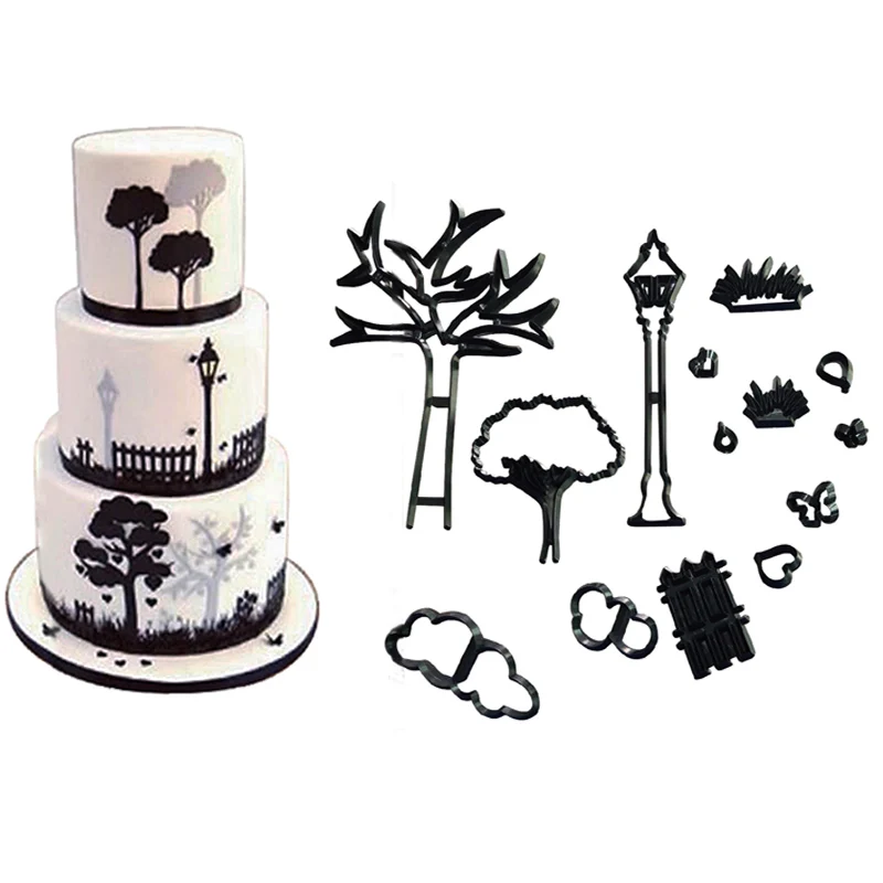 14PCS Park Theme Cookie Cutter Plastic Street Lamp Tree Plant Grass Fondant Cutter Cupcake Baking Mold Cake Decorating Tools