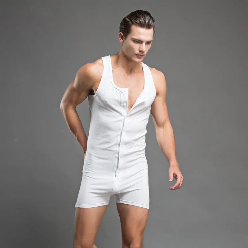 Male underwear bodysuit lounge 100% cotton sleepwear men bodywear shaping vest one piece trunk thin