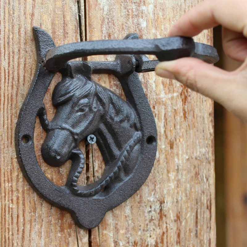 Black Horseshoe Cast Iron Front Door Knocker Farm House Home Garden Decor Vintage Handmade Foot Circled Animal Head Metal Handle